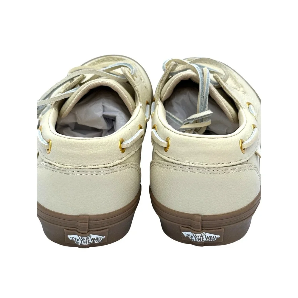 Vans Boat Shoes Cream Pebbled Leather Gum Sole Moc Toe Sneakers Low Top Mens